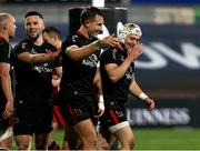 22 November 2020; Stewart Moore of Ulster, centre, is congratulated by team-mates John Cooney, left, and Michael Lowry after he scored his side's second try during the Guinness PRO14 match between Ulster and Scarlets at Kingspan Stadium in Belfast. Photo by John Dickson/Sportsfile
