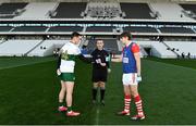 22 November 2020; Referee Maurice Deegan and the two captains, Conor Sweeney of Tipperary, left, and Ian Maguire of Cork, before the Munster GAA Football Senior Championship Final match between Cork and Tipperary at Páirc Uí Chaoimh in Cork. Photo by Ray McManus/Sportsfile