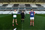 22 November 2020; Referee Maurice Deegan and the two captains, Conor Sweeney of Tipperary, left, and Ian Maguire of Cork, before the Munster GAA Football Senior Championship Final match between Cork and Tipperary at Páirc Uí Chaoimh in Cork. Photo by Ray McManus/Sportsfile