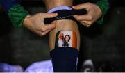 23 November 2020; Megan Campbell wearing shin guards featuring an image of her and her late grandfather Eamonn Campbell, a member of 'The Dubliners', before a Republic of Ireland Women training session at the FAI National Training Centre in Abbotstown, Dublin. Photo by Stephen McCarthy/Sportsfile