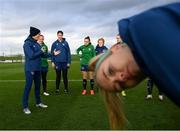 24 November 2020; Manager Vera Pauw speaks to players as Denise O'Sullivan tries to get into the photograph during a Republic of Ireland Women training session at the FAI National Training Centre in Abbotstown, Dublin. Photo by Stephen McCarthy/Sportsfile