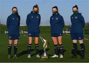 25 November 2020; Peamount United players, from left, Aine O'Gorman, Claire Walsh, Niamh Farrelly and Niamh Reid-Burke pose for a photograph with the Women's National League trophy during a Republic of Ireland Women training session at the FAI National Training Centre in Abbotstown, Dublin. Photo by Stephen McCarthy/Sportsfile