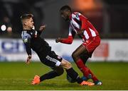 25 November 2020; Junior Ogedi-Uzokwe of Sligo Rovers in action against Colm Horgan of Derry City during the Extra.ie FAI Cup Quarter-Final match between Sligo Rovers and Derry City at The Showgrounds in Sligo. Photo by Harry Murphy/Sportsfile