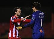 25 November 2020; Danny Kane, left, and Ed McGinty of Sligo Rovers embrace following the Extra.ie FAI Cup Quarter-Final match between Sligo Rovers and Derry City at The Showgrounds in Sligo. Photo by Harry Murphy/Sportsfile