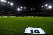 26 November 2020; An Argentina jersey bearing the number &quot;10&quot; of the late Diego Maradona is seen ahead of the UEFA Europa League Group B match between Dundalk and SK Rapid Wien at Aviva Stadium in Dublin. Photo by Ben McShane/Sportsfile