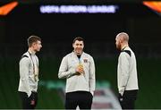 26 November 2020; Dundalk players, from left, Daniel Kelly, Brian Gartland and Chris Shields prior to the UEFA Europa League Group B match between Dundalk and SK Rapid Wien at Aviva Stadium in Dublin. Photo by Eóin Noonan/Sportsfile