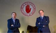 26 November 2020; Newly appointed Tyrone joint managers Brian Dooher, left, and Feargal Logan pose for a portrait after a press conference at the Tyrone GAA Centre of Excellence in Garvaghy, Tyrone. Photo by Oliver McVeigh/Sportsfile