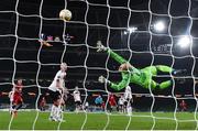 26 November 2020; Ercan Kara of SK Rapid Wien scores his side's third goal despite the efforts of Gary Rogers of Dundalk during the UEFA Europa League Group B match between Dundalk and SK Rapid Wien at Aviva Stadium in Dublin. Photo by Eóin Noonan/Sportsfile