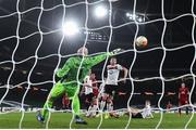 26 November 2020; Gary Rogers of Dundalk saves a shot on goal by Koya Kitagawa of SK Rapid Wien during the UEFA Europa League Group B match between Dundalk and SK Rapid Wien at Aviva Stadium in Dublin. Photo by Eóin Noonan/Sportsfile