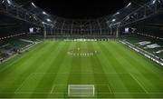 26 November 2020; Players from both sides stand for a minute's silence in memory of the late Diego Maradona prior to the start of the UEFA Europa League Group B match between Dundalk and SK Rapid Wien at Aviva Stadium in Dublin. Photo by Stephen McCarthy/Sportsfile