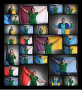 27 November 2020; (EDITOR'S NOTE: Image has been edited to make a composite) Republic of Ireland players pose with their respective county flags during a Republic of Ireland Women portrait session at the Castleknock Hotel in Dublin. Photo by Stephen McCarthy/Sportsfile