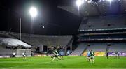 21 November 2020; Jordan Morris of Meath kicks the ball towards the 'Hill 16' goal infront of an empty terrace during the Leinster GAA Football Senior Championship Final match between Dublin and Meath at Croke Park in Dublin. Photo by Ray McManus/Sportsfile