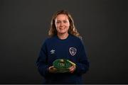 28 November 2020; Heather Payne poses with her Republic of Ireland 2019-2020 cap during a presentation at the Castleknock Hotel in Dublin. Photo by Stephen McCarthy/Sportsfile