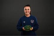 28 November 2020; Niamh Farrelly poses with her Republic of Ireland 2019-2020 cap during a presentation at the Castleknock Hotel in Dublin. Photo by Stephen McCarthy/Sportsfile