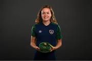 28 November 2020; Heather Payne poses with her Republic of Ireland 2019-2020 cap during a presentation at the Castleknock Hotel in Dublin. Photo by Stephen McCarthy/Sportsfile