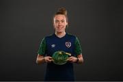 28 November 2020; Claire O'Riordan poses with her Republic of Ireland 2019-2020 cap during a presentation at the Castleknock Hotel in Dublin. Photo by Stephen McCarthy/Sportsfile