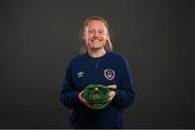 28 November 2020; Amber Barrett poses with her Republic of Ireland 2019-2020 cap during a presentation at the Castleknock Hotel in Dublin. Photo by Stephen McCarthy/Sportsfile