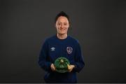 28 November 2020; Megan Campbell poses with her Republic of Ireland 2019-2020 cap during a presentation at the Castleknock Hotel in Dublin. Photo by Stephen McCarthy/Sportsfile