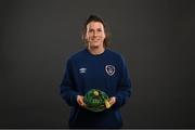28 November 2020; Niamh Fahey poses with her Republic of Ireland 2019-2020 cap during a presentation at the Castleknock Hotel in Dublin. Photo by Stephen McCarthy/Sportsfile
