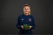 28 November 2020; Claire Walsh poses with her Republic of Ireland 2019-2020 cap during a presentation at the Castleknock Hotel in Dublin. Photo by Stephen McCarthy/Sportsfile