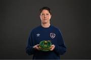 28 November 2020; Marie Hourihan poses with her Republic of Ireland 2019-2020 cap during a presentation at the Castleknock Hotel in Dublin. Photo by Stephen McCarthy/Sportsfile