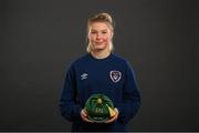 28 November 2020; Eabha O'Mahony poses with her Republic of Ireland 2019-2020 cap during a presentation at the Castleknock Hotel in Dublin. Photo by Stephen McCarthy/Sportsfile