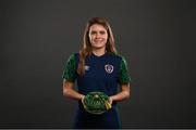 28 November 2020; Jamie Finn poses with her Republic of Ireland 2019-2020 cap during a presentation at the Castleknock Hotel in Dublin. Photo by Stephen McCarthy/Sportsfile