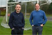 28 November 2020; Newly appointed Tyrone joint managers Brian Dooher, left, and Feargal Logan at the Tyrone GAA Centre of Excellence in Garvaghy, Tyrone. Photo by Oliver McVeigh/Sportsfile