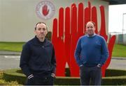 28 November 2020; Newly appointed Tyrone joint managers Brian Dooher, left, and Feargal Logan at the Tyrone GAA Centre of Excellence in Garvaghy, Tyrone. Photo by Oliver McVeigh/Sportsfile