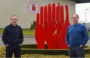 28 November 2020; Newly appointed Tyrone joint managers Brian Dooher, left, and Feargal Logan at the Tyrone GAA Centre of Excellence in Garvaghy, Tyrone. Photo by Oliver McVeigh/Sportsfile