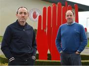 28 November 2020; Newly appointed Tyrone joint managers Brian Dooher, left, and Feargal Logan at the Tyrone GAA Centre of Excellence in Garvaghy, Tyrone. Photo by Oliver McVeigh/Sportsfile