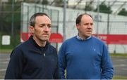 28 November 2020; Newly appointed Tyrone joint managers Brian Dooher, left, and Feargal Logan at the Tyrone GAA Centre of Excellence in Garvaghy, Tyrone. Photo by Oliver McVeigh/Sportsfile