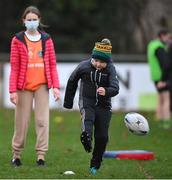 28 November 2020; 8 year old Kyle Devlin and coach Sarah Clancy during Leinster Rugby Inclusion Training at Naas RFC in Naas, Kildare. Photo by Ramsey Cardy/Sportsfile