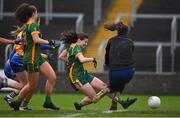 28 November 2020; Bridgetta Lynch of Meath scores her side's third goal past Clare goalkeeper Micaela Glynn during the TG4 All-Ireland Intermediate Ladies Football Championship Semi-Final match between Clare and Meath at MW Hire O'Moore Park in Portlaoise, Laois. Photo by Brendan Moran/Sportsfile