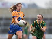 28 November 2020; Eimear O'Connor of Clare in action against Megan Thynne of Meath during the TG4 All-Ireland Intermediate Ladies Football Championship Semi-Final match between Clare and Meath at MW Hire O'Moore Park in Portlaoise, Laois. Photo by Brendan Moran/Sportsfile