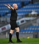 28 November 2020; Referee Gearóid McGrath indicates a penalty during the Lory Meagher Cup Final match between Fermanagh and Louth at Croke Park in Dublin. Photo by Ray McManus/Sportsfile