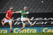 28 November 2020; Ciarán Corrigan of Fermanagh kicks a point under pressure from Liam Molloy of Louth during the Lory Meagher Cup Final match between Fermanagh and Louth at Croke Park in Dublin. Photo by Harry Murphy/Sportsfile