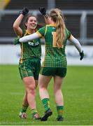 28 November 2020; Shauna Ennis, left, and Orlagh Lally of Meath celebrate after the TG4 All-Ireland Intermediate Ladies Football Championship Semi-Final match between Clare and Meath at MW Hire O'Moore Park in Portlaoise, Laois. Photo by Brendan Moran/Sportsfile