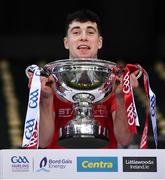 28 November 2020; Liam Molloy of Louth lifts the Lory Meagher Cup after the Lory Meagher Cup Final match between Fermanagh and Louth at Croke Park in Dublin. Photo by Ray McManus/Sportsfile