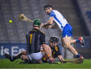 28 November 2020; Jamie Barron of Waterford has his shot on goal blocked by Kilkenny goalkeeper Eoin Murphy and Conor Browne during the GAA Hurling All-Ireland Senior Championship Semi-Final match between Kilkenny and Waterford at Croke Park in Dublin. Photo by Stephen McCarthy/Sportsfile