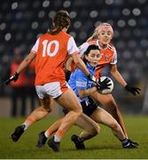 28 November 2020; Lyndsey Davey of Dublin in action against Catherine Marley, left, and Niamh Coleman of Armagh during the TG4 All-Ireland Senior Ladies Football Championship Semi-Final match between Armagh and Dublin at Kingspan Breffni in Cavan. Photo by Piaras Ó Mídheach/Sportsfile