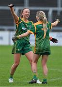 28 November 2020; Aoibhín Cleary, left, and Megan Thynne of Meath celebrate after the TG4 All-Ireland Intermediate Ladies Football Championship Semi-Final match between Clare and Meath at MW Hire O'Moore Park in Portlaoise, Laois. Photo by Brendan Moran/Sportsfile