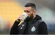 29 November 2020; Danny Lafferty of Shamrock Rovers with a Shamrock Rovers branded cup featuring an image depicting their 25 FAI Cup wins prior to the Extra.ie FAI Cup Semi-Final match between Shamrock Rovers and Sligo Rovers at Tallaght Stadium in Dublin. Photo by Stephen McCarthy/Sportsfile