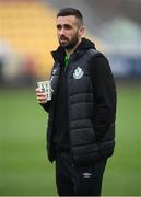 29 November 2020; Danny Lafferty of Shamrock Rovers with a Shamrock Rovers branded cup featuring an image depicting their 25 FAI Cup wins prior to the Extra.ie FAI Cup Semi-Final match between Shamrock Rovers and Sligo Rovers at Tallaght Stadium in Dublin. Photo by Stephen McCarthy/Sportsfile