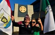 29 November 2020; Husband and wife supporters on opposite sides, Olivia and Rory Colohan, originally from Castletroy, Limerick, and Ballinasloe, Galway, pose for a picture outside Croke Park in advance of the GAA Hurling All-Ireland Senior Championship Semi-Final match between Limerick and Galway at Croke Park in Dublin. No spectators are permitted inside the grounds during the COVID-19 pandemic.  Photo by Ray McManus/Sportsfile