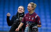 29 November 2020; Fiona Claffey of Westmeath, right, shares a joke with a team-mate following their sides victory in the TG4 All-Ireland Intermediate Ladies Football Championship Semi-Final match between Roscommon and Westmeath at Glennon Brothers Pearse Park in Longford. Photo by Sam Barnes/Sportsfile
