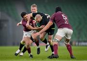 29 November 2020; Keith Earls of Ireland is tackled by Tedo Abzhandadze, left, and Lasha Jaiani of Georgia during the Autumn Nations Cup match between Ireland and Georgia at the Aviva Stadium in Dublin. Photo by Ramsey Cardy/Sportsfile