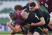 29 November 2020; Beka Gorgadze of Georgia is tackled by Finlay Bealham, left, James Ryan, centre, and Keith Earls of Ireland during the Autumn Nations Cup match between Ireland and Georgia at the Aviva Stadium in Dublin. Photo by Ramsey Cardy/Sportsfile