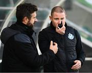 29 November 2020; Shamrock Rovers coach Glenn Cronin and sporting director Stephen McPhail test a walkie talkie prior to the Extra.ie FAI Cup Semi-Final match between Shamrock Rovers and Sligo Rovers at Tallaght Stadium in Dublin. Photo by Harry Murphy/Sportsfile
