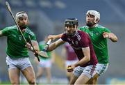 29 November 2020; Padraic Mannion of Galway in action against Cian Lynch and Aaron Gillane of Limerick during the GAA Hurling All-Ireland Senior Championship Semi-Final match between Limerick and Galway at Croke Park in Dublin. Photo by Brendan Moran/Sportsfile
